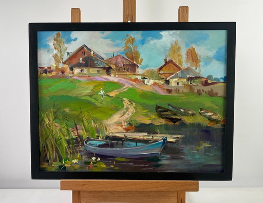 Pintura al óleo original: Paisaje costero de verano, ferry de pueblo
