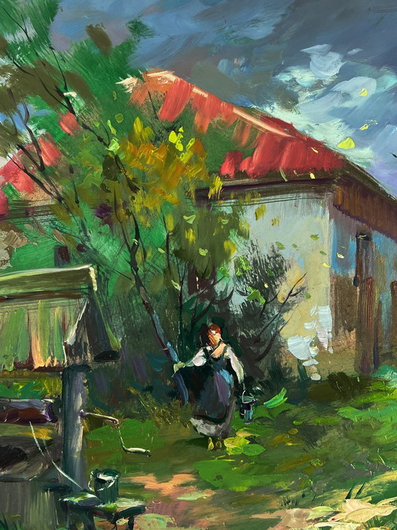 Image 1 of Peinture à l'huile originale, paysage rural, puits de village d'été