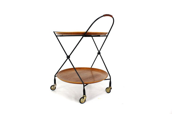 Image 1 of Almost As New, Jie Gantofta Mid-Century String Serving Trolley / Tea Trolley, Sweden, Teak, Steel Leather, Completely Restored!
