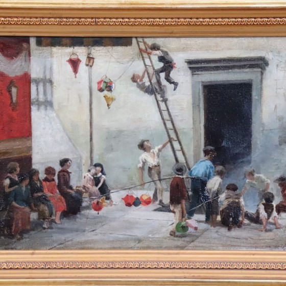 Image 1 of Oil Painting on Canvas, Children Playing, Italy 19th Century