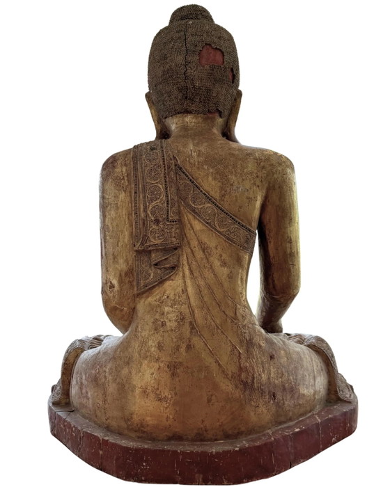 Large Antique Wooden Buddha 120 cm - Mandalay with Inlaid Eyes – Sculpture (photo 3 of 11)