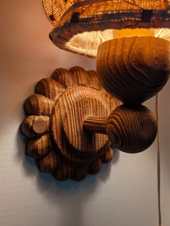 Image 1 of Carved Pine Wall Sconces with Jute Shades, Swedish Design, 1970s
