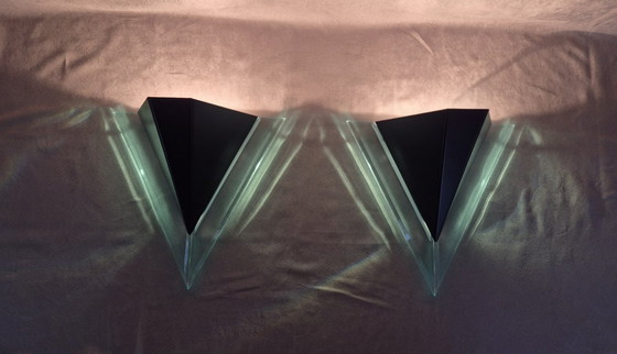 Image 1 of Postmodern Lucite Wall Lamps (80s/90s) — Sculptural Geometric Design, Ambient Uplight & Turquoise Glow, E27, Set of 2