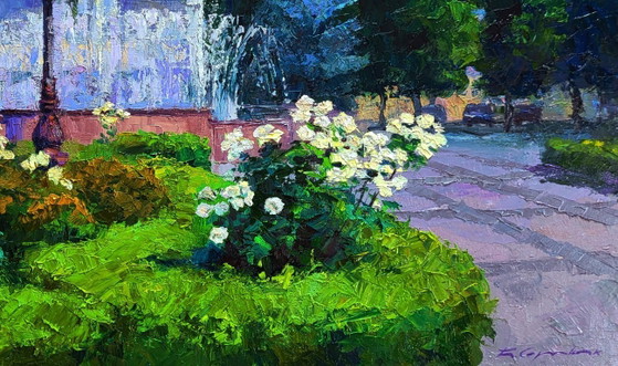 Image 1 of Origineel olieverfschilderij Stadsgezicht Zomer Stadsplein met fonteinen