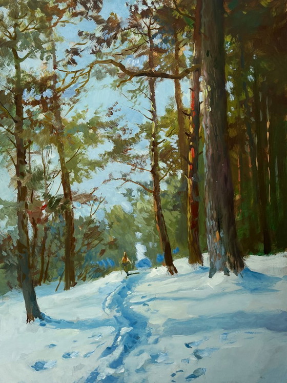 Image 1 of Original Oil Painting Winter Forest Landscape Walking through the snowy forest