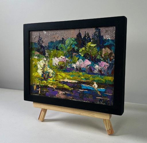 Original Oil Painting Evening Forest Landscape Breath of spring in green groves