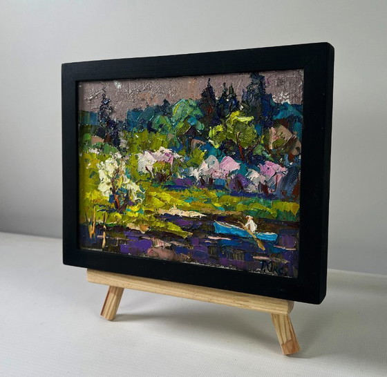 Image 1 of Original Oil Painting Evening Forest Landscape Breath of spring in green groves