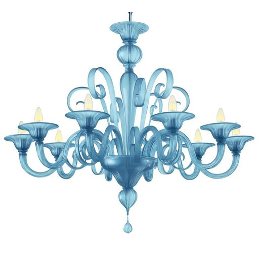 Lámpara de araña contemporánea de cristal de Murano satinado azul veneciano de 8 brazos