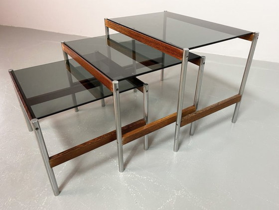Image 1 of Fristho Mid-Century Dutch Design Nesting Tables with Smokey Glass Top and Wenge with Chrome Base, Set of 3, 1960s.