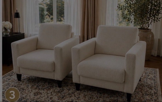 Luxury 3-seater sofa + 2 ecru boucle armchairs | extendable seats – Textile (photo 3 of 5)