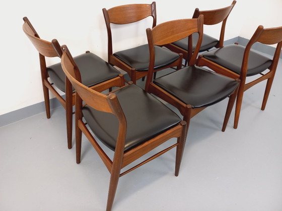 Image 1 of Set of 6 vintage Danish Scandinavian chairs by Aerthoj Jensen & Molholm in teak and skai from the 1960s