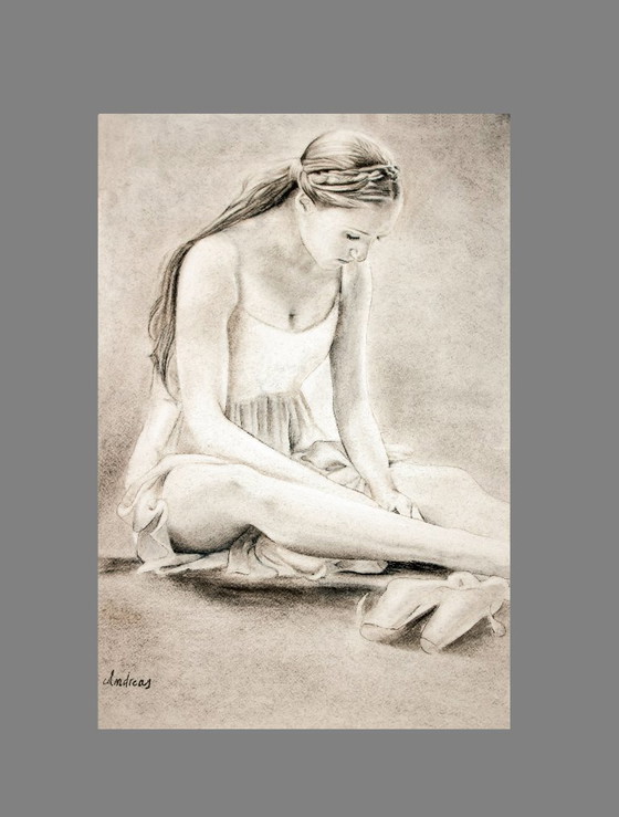 Image 1 of Charcoal drawing of a seated ballerina. Painting of a ballerina. New.
