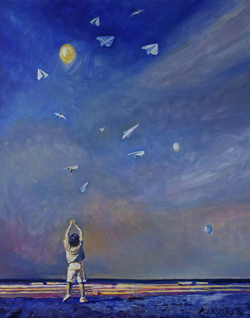 Pittura a Olio Originale Arte Moderna Simbolismo Cielo Ali Bianche