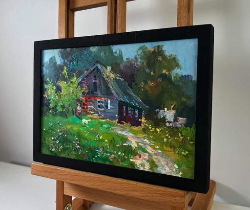 Original Oil Painting Summer Village Landscape Lonely house on the green of the hill
