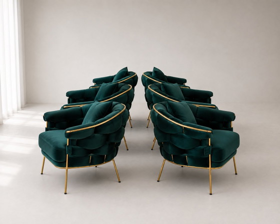 ✦ SET MIT 6 LUXURIÖSEN TÜRKIS-SESSELN | DESIGN | GOLDENES GESTELL – Velvet (photo 3 of 12)