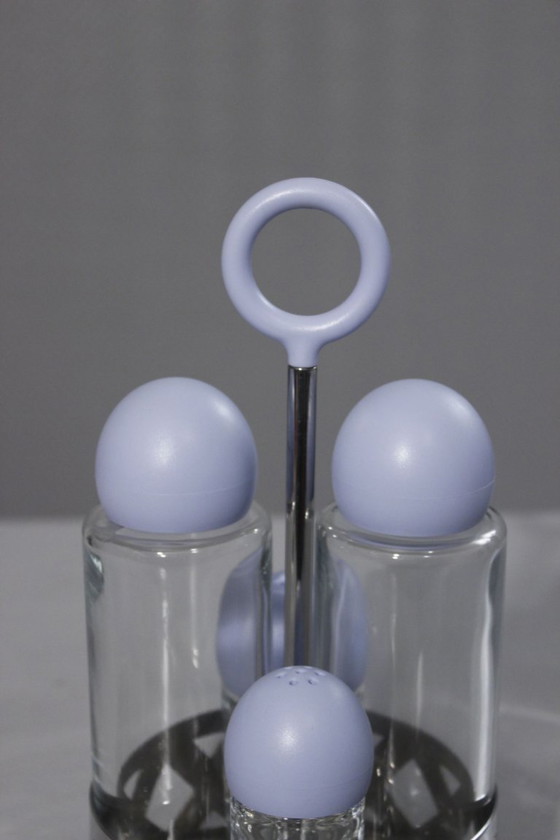 Image 1 of Service à condiments vintage Alessi inox & cristal huilier vinaigrier 1990s