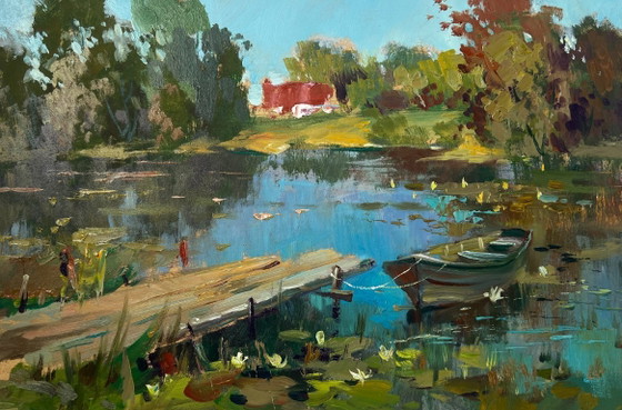 Image 1 of Peinture à l'huile originale représentant un paysage fluvial estival avec un bateau dans une scierie