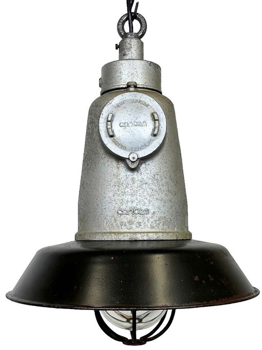 Italian Industrial Black Enamel Cage Pendant Light from Cortem, 1960s