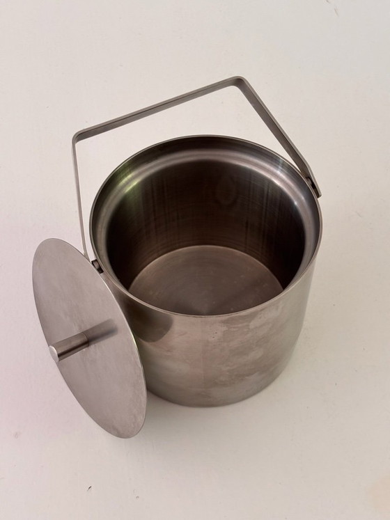 Image 1 of Seau à Glace Fufal Danemark Années 70 Inox Brossé Couvercle Massif Design Scandinave Vintage