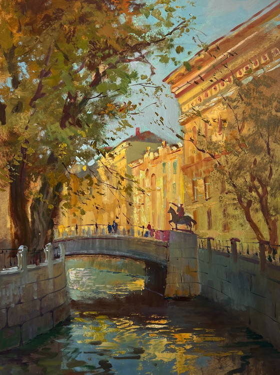 Image 1 of Original Oil Painting Autumn City Landscape The quiet whisper of a city park