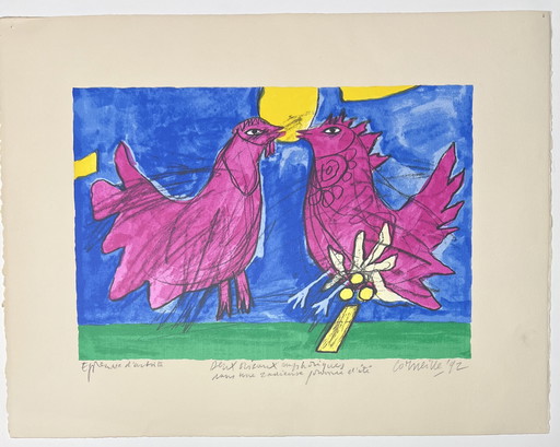 Signed; Guillaume Corneille Rare Lithographie Deux Oiseaux Euphoriques Dans Une Radieuse Journée D'Été 1992