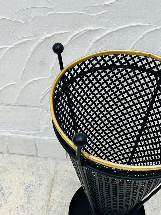 Image 1 of Vintage umbrella stand in black perforated metal and brass