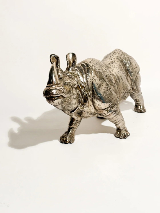 80s Silver-plated Metal Rhinoceros Sculpture (photo 6 of 12)