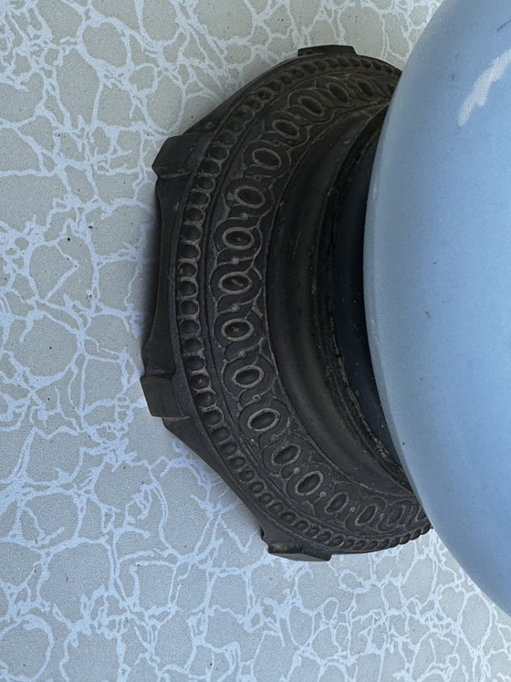 Image 1 of Grand Pied de Lampe à Pétrole Électrifié - Opaline Bleue et Laiton - Vers 1900