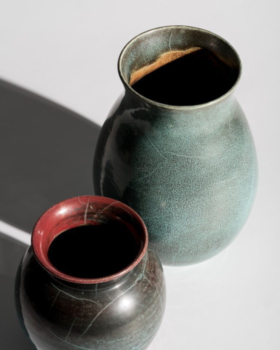 Image 1 of Pair of Richard Uhlemeyer Studio Stoneware Vases – Turquoise Reduction Glaze – Germany, ca. 1940s-1950s Art Deco Bauhaus