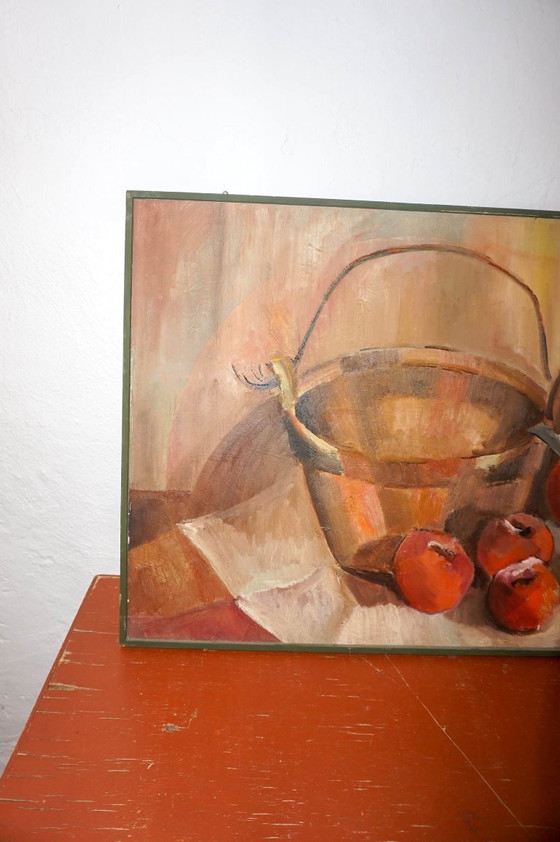 Image 1 of original 1960s oil still life painting * midcentury folk art kitchen scene with apples, basket and enamel jug * rustic eastern e