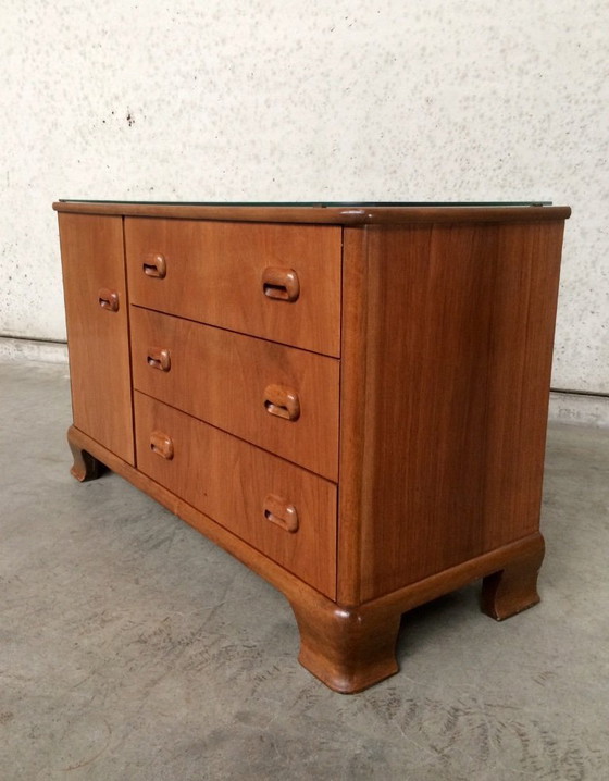 Image 1 of Credenza in acero con piano in vetro e design moderno di metà secolo, anni '50