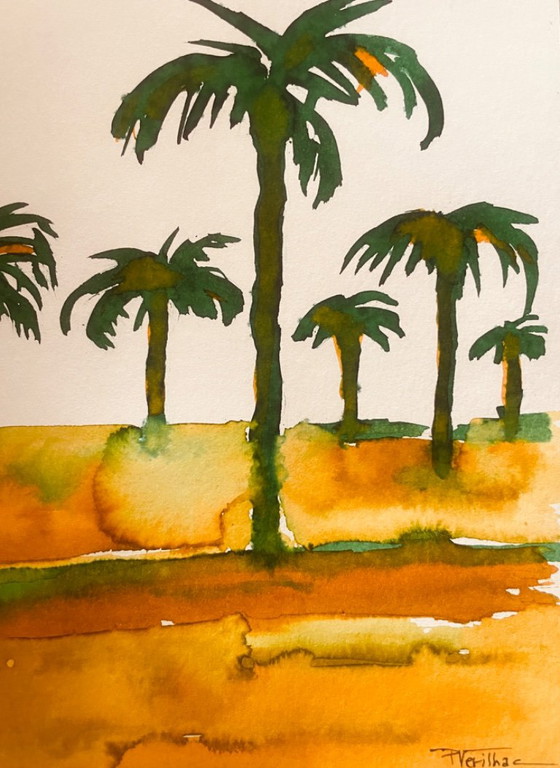 Signed Painting Egypt Landscape « Sunrise on the Nile. » – Verilhac, Art, Paper (photo 6 of 10)