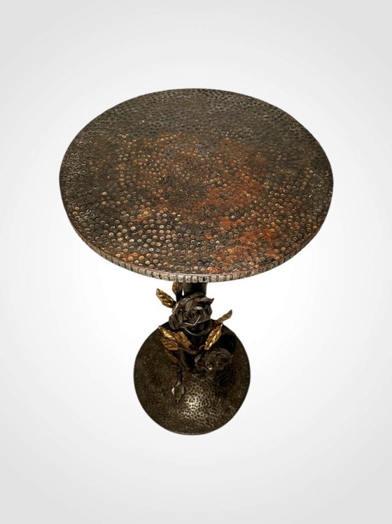 Image 1 of French Gueridon Wrought Iron Side Table - Vintage Embossed Metal Top Floral Plant Stand