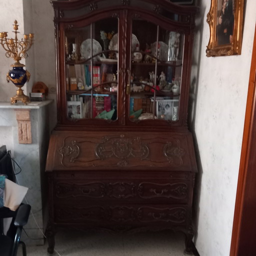 Bookcase and matching chest of drawers . Beautiful antique painting. Large copper church candlestick, beautiful antique vase .