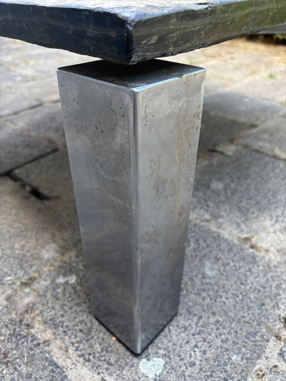 Image 1 of Vintage Brutalist Leistenen Salontafel met Chroom Onderstel – 80x80 cm