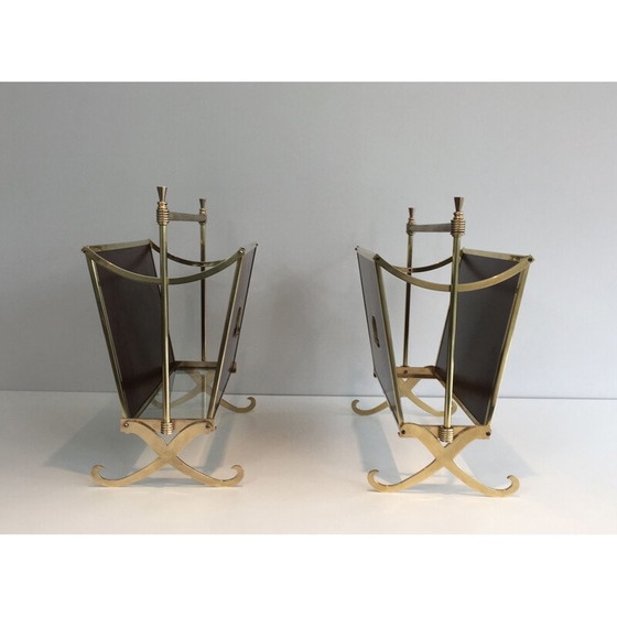 Image 1 of Pair of vintage neoclassical mahogany and brass magazine racks, 1940