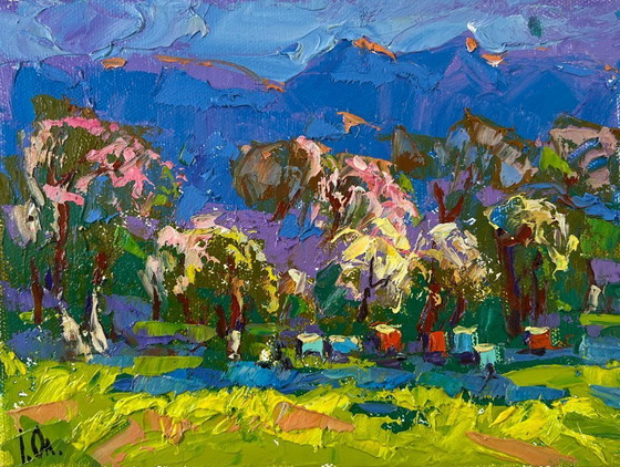 Image 1 of Original Oil Painting Day Trees Landscape Spring in the village