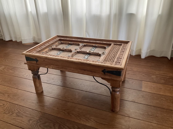 Beautiful Authentic Indian Coffee Table/Gate Table, Boho & Ibiza Style, Wood, Brass, Brown (photo 11 of 13)