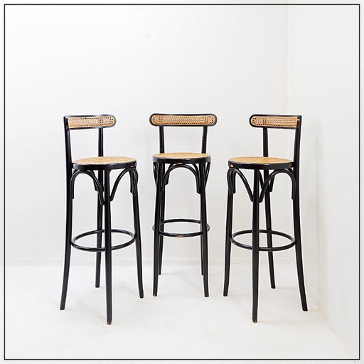 Set of 3 vintage Thonet-style bar stools in bentwood and caning