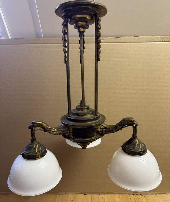 Image 1 of Rare Art Nouveau pendant lamp | 3 perfect original opal glass shades | 1905–1925
