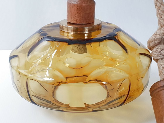 Image 1 of Vintage 1960s Rope, Gold Glass & Teak Pendant Light
