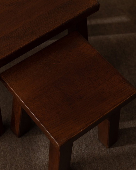 Image 1 of Vintage Brutalist Solid Oak Nesting Tables (Set of 3) – Dutch, 1970s