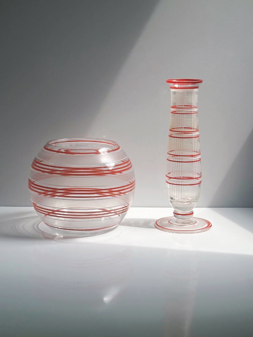 Vintage Bauhaus Vasen Set Glas Streifen Dekor 20er 30er Art Deco Vase handbemalt Rot Orange Weiß Lausitzer Loetz 1920er / 1930er