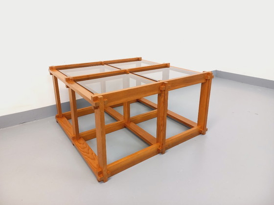 Image 1 of Vintage square coffee table in pine and smoked glass from the 70s/80s