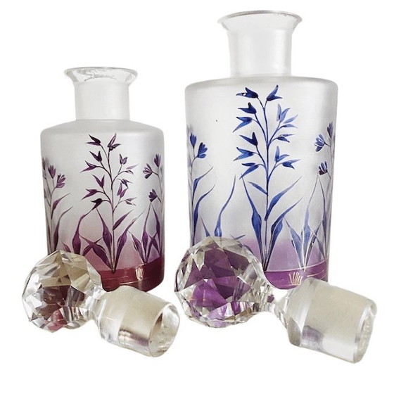 Image 1 of Antieke Moser kristal parfumflesjes set Art nouveau gebrand emaille 19de eeuw