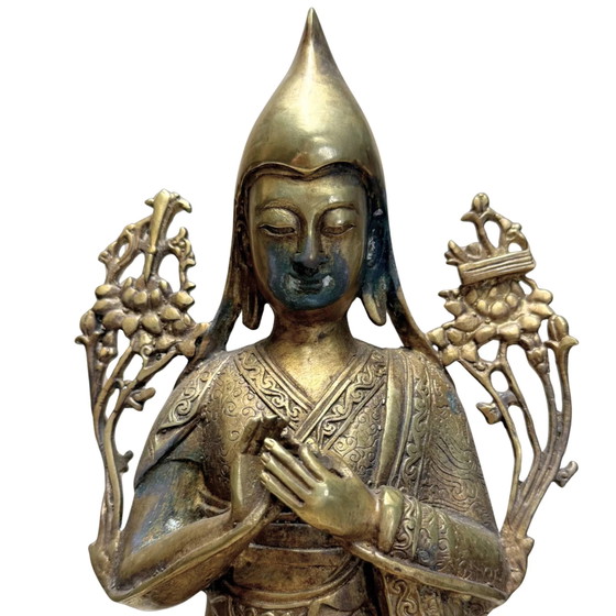 Estatua de Bronce Tibetana Antigua de Je Tsongkhapa – Grabada a mano – 28 cm – 2.2 kg – Esculturas, Bronze (photo 9 of 10)