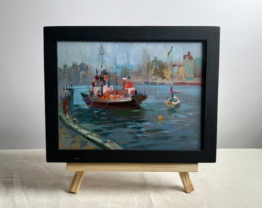 Original Oil Painting City Coastal Landscape Ship at the pier