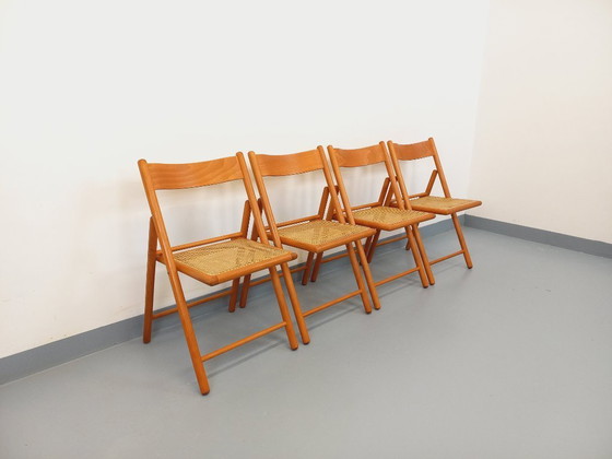 Image 1 of Set of 4 vintage Habitat folding chairs in beech wood and caning from the 1980s