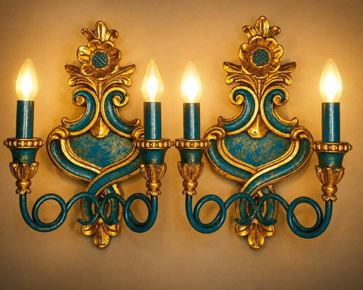 Pair of Vintage Italian Florentine Wall Sconces Gold & Turquoise Wooden 2-Light Hollywood Regency