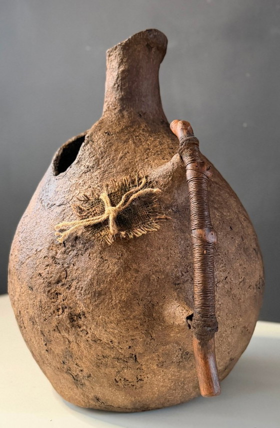 Image 1 of Large Wabi Sabi Paper Mache Vase with Wooden Handle | 43cm Handmade Sculptural Vessel | Rustic Organic Modern Home Decor